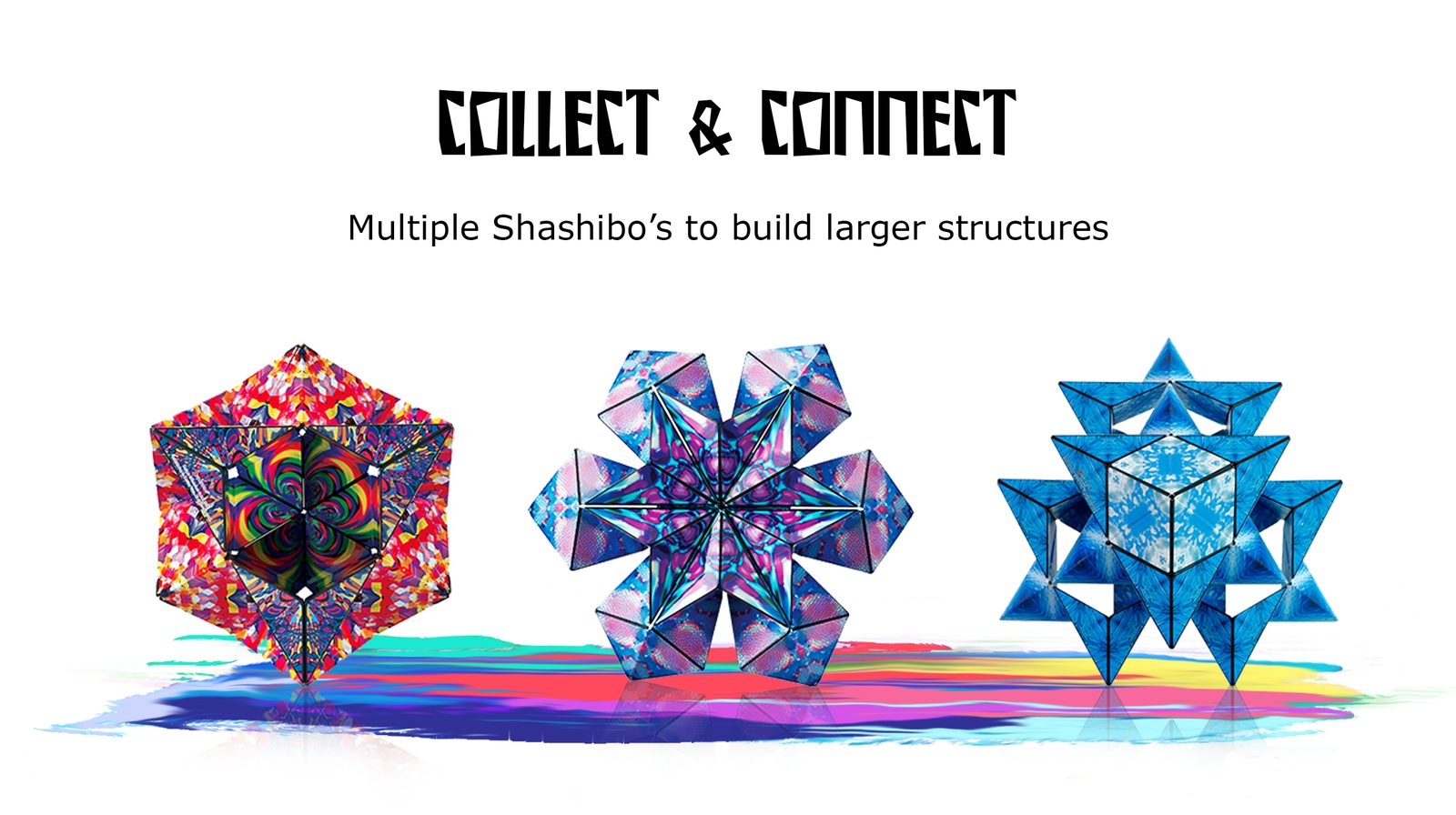 Several Shashibo cubes connected into large geometric structures